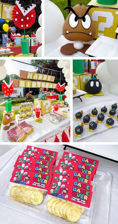 Mario Theme Table Decor, Mario Birthday Cake Pops, Super Mario Theme Games, Super Mario Birthday Food Ideas, Mario Treat Bags, Super Mario Macarons, Mario And Luigi Party Ideas, Super Mario Props, Super Mario Candy Table