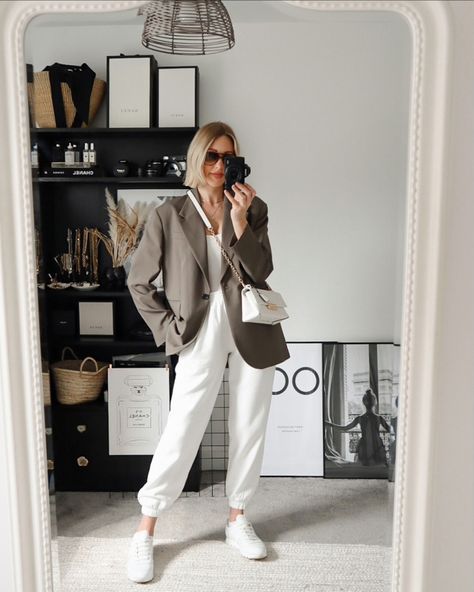 https://ltk.app.link/W0gJQZOKPfb Tracksuit Blazer Outfit, Tracksuit And Blazer Outfit, Styling White Joggers Women, Ivory Joggers Outfit, Oversized Blazer Outfits Casual, Bulky White Sneakers Outfit, Comfy Blazer Outfits, Oversized Joggers Outfit Women, Sweatsuit With Blazer