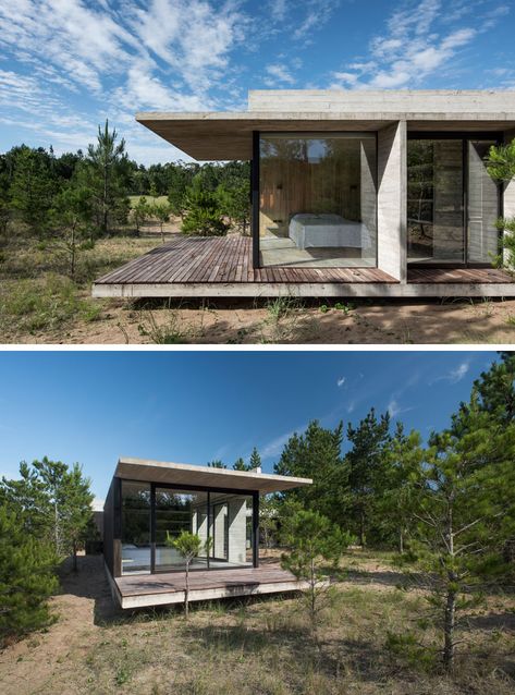 The roof of this modern concrete home overhangs the wood deck, providing shade for the bedroom. #Deck #ConcreteHouse Stone And Concrete House, Wood And Concrete House, Concrete Cabin, Modern Concrete Home, Modern Concrete House, Concrete Homes, Bedroom Deck, Bequia, Interior Design Programs