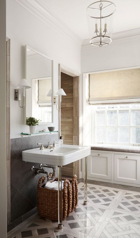 Pros & Cons: Bathroom Sink Styles - Studio McGee Gray And White Bathroom, Patterned Floor Tiles, Master Bath Remodel, Home Luxury, Bath Room, Decoration Inspiration, Remodeling Ideas, Bath Remodel, Beautiful Bathrooms