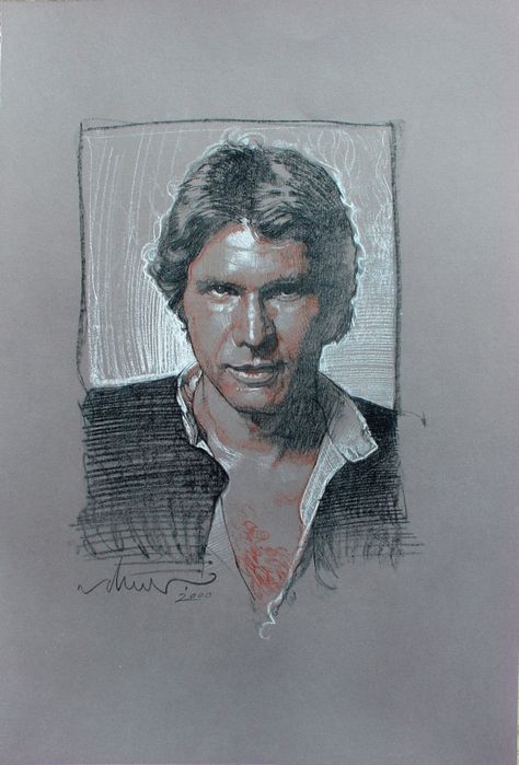 "Han Solo" - Drew Struzan (2000) Photoshop Drawing Tutorial, Han Solo Art, Drew Struzan, Photoshop Drawing, American Illustration, Star Wars Artwork, Han Solo, Ad Art, Portrait Sketches