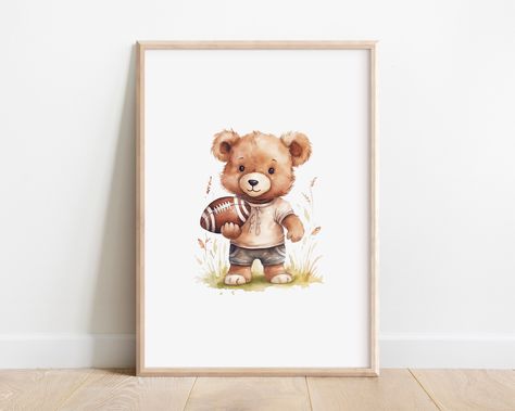 Sport Kindergarten, Football Nursery Decor, Vintage Sports Nursery, Football Nursery, Nursery Stories, Sports Nursery Theme, Sports Nursery, Teddy Bear Nursery, Bear Nursery