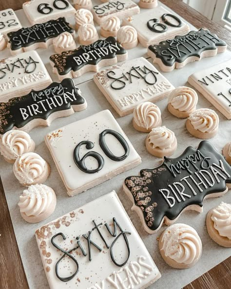 60th Birthday custom decorated cookies in assorted sizes.  Vintage themed. Birthday Party Decorations 60th, 60thbirthday Party Ideas, 60 Surprise Birthday Party Ideas, Dessert Table For 60th Birthday, 60 Cookies Decorated, 60 Th Birthday Cakes For Women, 60th Bday Decor, Intimate 60th Birthday Party Ideas, Sixty Birthday Cookies