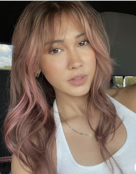 Rose And Brown Hair, Haircuts For Dimension, Rose Gold Peek A Boo Hair, Pink In Hair Brunette, Brown Hair With Dusty Pink Highlights, Blond Hair With Brunette Underneath, Ash Brown With Pink Highlights, Brown Hair Pastel Pink Highlights, Fun Neutral Hair Color Ideas