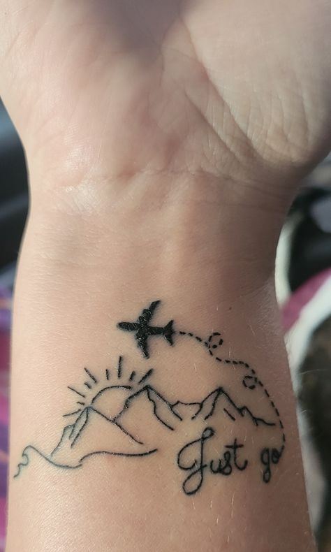 Simple mountains and waves Mountains To Beach Tattoo, Small Alaska Tattoo Ideas, Tattoo Ocean And Mountain, Mountain To Ocean Tattoo, Just Go Tattoo, Mountain Water Sun Tattoo, Small Mountain Ocean Tattoo, Beach And Moutain Tattoos, Ocean Mountain Tattoo