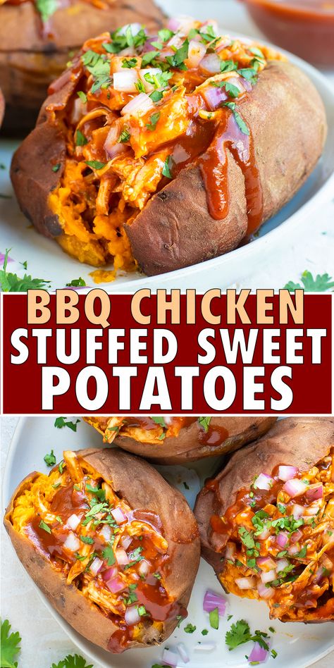 Shredded Bbq Chicken, Sweet Potatoes Recipe, Stuffed Sweet Potatoes, Diner Recept, Chicken Stuffed, Makanan Diet, Health Dinner, Weeknight Dinner Recipe, Health Dinner Recipes