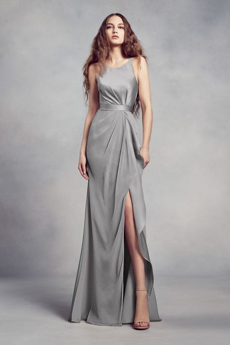 10834100 - Charmeuse and Chiffon Bridesmaid Dress with Ruffle Steel Blue Bridesmaid Dresses, White By Vera Wang, Bridesmaid Dressing Gowns, Blue Dress Formal, Bridesmaid Dress Styles, Ruffles Fashion, Bridesmaids Dress, Blue Bridesmaid Dresses, Chiffon Bridesmaid Dress