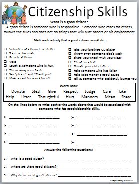 Citizenship Skills Citizenship Activities, Citizenship Lessons, Life Skills Class, 3rd Grade Social Studies, Life Skills Lessons, Teaching Life Skills, Global Citizenship, Social Studies Worksheets, Living Skills