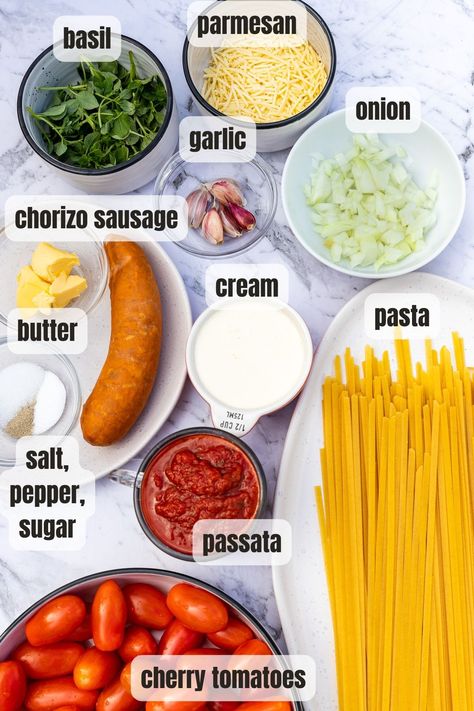 Your new favorite 'pink sauce' pasta! This creamy chorizo pasta & cherry tomatoes is a comforting, tasty dinner everyone will love! Make it in just one pan, and it's on the table in 30 minutes. Pasta Recipes Chorizo, Creamy Chorizo Pasta, Pasta Cherry Tomatoes, Creamy Tomato Pasta Recipes, Chorizo Pasta Recipes, Chorizo Pasta, Creamy Tomato Pasta, Tomato Pasta Recipe, How To Cook Chorizo