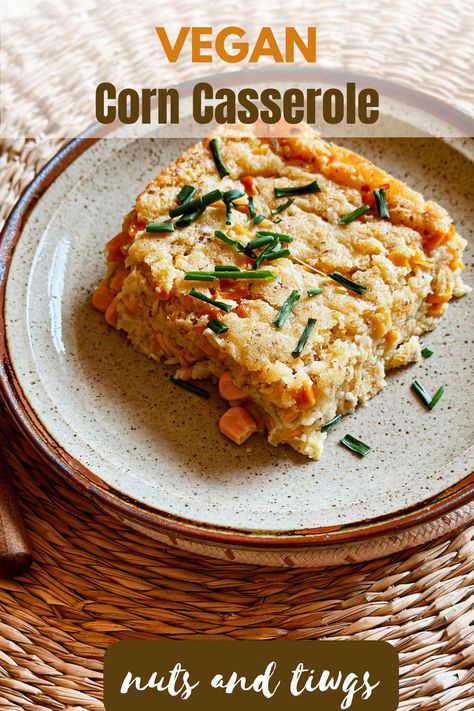 top view of a slice of vegan corn casserole on a plate topped with chives. The picture is labeled with the words Vegan Corn Casserole, nuts and twigs. Vegan Corn Casserole, Vegan Casserole Recipes, Thanksgiving Casserole, Potluck Side Dishes, Vegan Casserole, Fall Vegan Recipes, Plant Based Recipes Easy, Vegan Holiday Recipes, Savory Salads