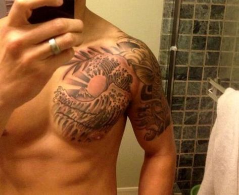 Wave Chest Tattoo, Double Chest Tattoo, Sun Tattoo On Chest, Wave Sun Tattoo, Rising Sun Tattoo, Japanese Wave Tattoo, Japanese Sun Tattoo, Sleeve Tattoo Inspiration, Rising Sun Tattoos