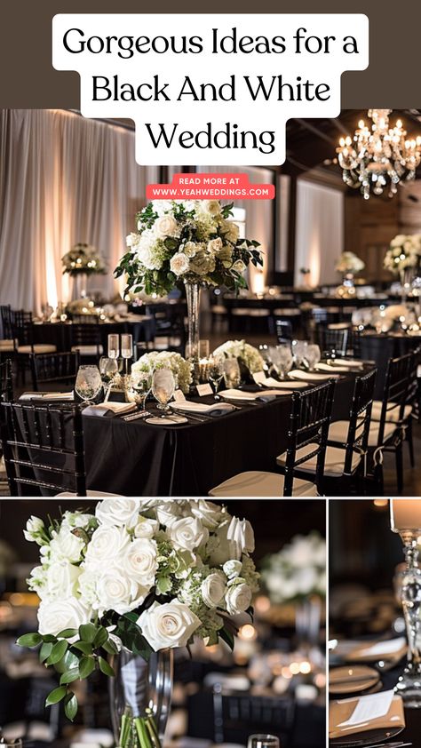 A beautifully decorated black and white wedding venue featuring elegant table settings, chic floral arrangements, and sophisticated lighting, and a stunning wedding couple. Black White Wedding Centerpieces, Black And Cream Wedding Decor, Black And White Wedding Decor Ideas, Black White And Pearls Wedding, Black White Silver Wedding Theme, Silver And Black Wedding Theme, Diy Black And White Wedding Decor, Black And White Wedding Reception Decor, Black And White Wedding Theme Classy Table Settings