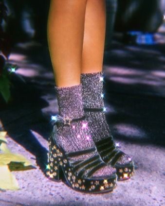 Socks and heels from the 70's aesthetic 70s Socks And Heels, Dark Disco Outfit, Disco Glam Aesthetic, Space Disco Aesthetic, Black Disco Aesthetic, Disco Witch Aesthetic, Disco Fashion Aesthetic, Disco Shoes Women, 70s Club Outfit