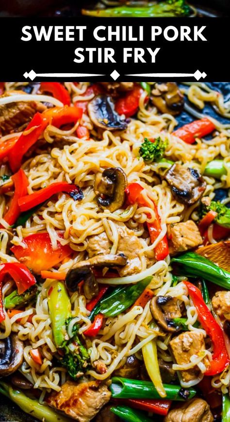 Incredibly delicious Sweet Chili Pork Stir Fry Recipe! Served with Ramen noodles, it’s one of my favorite Asian-inspired dinner ideas. Wok Cooking Recipes, Ground Pork Ramen Stir Fry, Pork Stir Fry Noodles, Sweet Chili Pork And Cabbage Stir Fry, Ground Pork Stir Fry Noodles, Sweet Chili Pork, Spicy Pork Ramen, Chili Pork, Munchkin Time