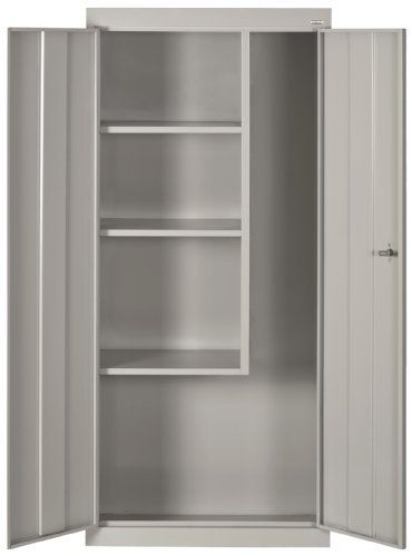 Sandusky Lee VFC1301566-05 Dove Gray Steel Janitorial/Supply Cabinet, 3 Fixed Side Shelves, 66" Height x 30" Width x 15" Depth, http://smile.amazon.com/dp/B006P5J4D8/ref=cm_sw_r_pi_awdm_3SDQwb06TQ8AD Small Coat Closet Ideas, Broom Storage, Steel Storage Cabinets, Closet Planning, Side Shelves, Building Maintenance, Room Makeovers, Steel Storage, Storage Closet