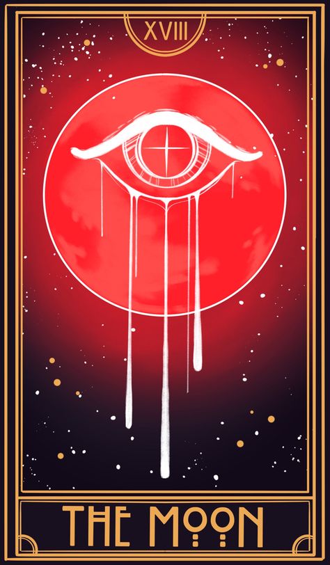 The moon from the hollow tarot deck.   #tarot #tarotdeck #dnd #dungeonsanddragons #dungeonsanddragonstarot #horror The Moon Tarot Design, Tarot Card Template Design, Tarot Concept Art, The Moon Tarot Aesthetic, Tarot Cards Design Illustration, Tarot Cards Illustration Artworks, Tarot Inspired Art, Tarot Card Tattoo The Moon, Cool Card Decks