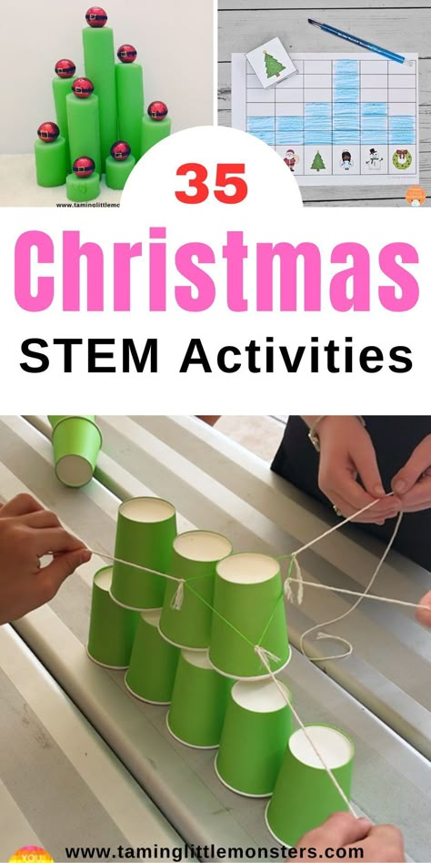 35 Festive Christmas STEM Activities for Kids. Get ready for the holiday season with these fun play ideas that will teach kids science, math and more. Christmas Classroom Projects, Easy Christmas Activity For Kids, Fun Christmas Science Experiments, Christmas Building Activities For Kids, Christmas Kid Activities At Home, Christmas Stem Challenges Elementary, Christmas Construction Activities, Christmas Present Activities Preschool, Holiday Steam Activities For Kids