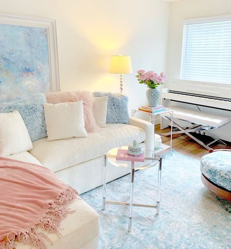 Tiffany and Adam's Apartment Reveal! | Turtle Creek Lane Pastel Pink Living Room Aesthetic, Pink Grand Millenial, Blue Pink Room Decor, College Apartment Decor Living Room Blue, Pink And Blue Decor Living Room, Pastel Blue Home Decor, Blue Pink Room Aesthetic, Pink And Blue House Decor, Pink And Blue Apartment Aesthetic