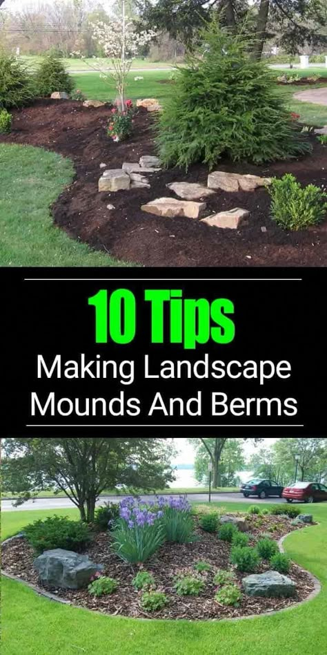 Building a berm or adding landscape mounds to your design can improve the look of your overall garden and become a focal point. [BERM LANDSCAPING TIPS] Mounds And Berms, Landscape Mounds, Mulch Landscaping, Landscaping With Large Rocks, Rock Garden Landscaping, Diy Gardening, Front House Landscaping, Front Porch Ideas, Focal Points