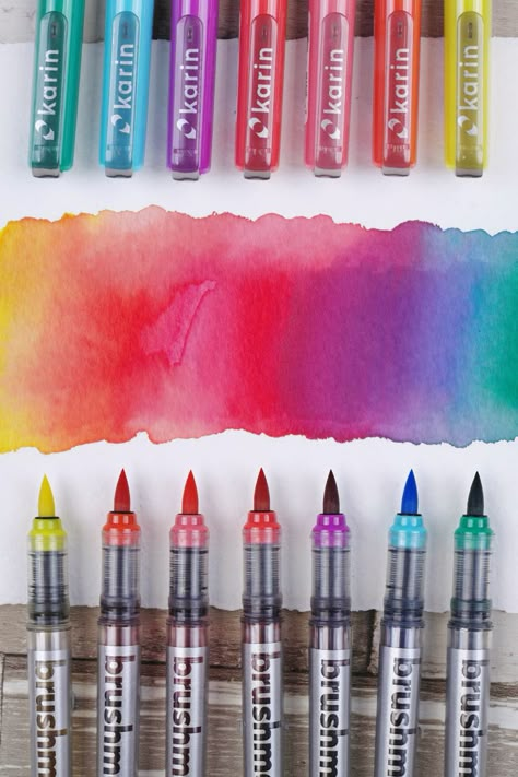 Watersoluble ✔ 60 Vibrant Colours ✔ Perfect for Calligraphy ✔ Karin Markers have a fine brush tip that is full of juicy ink. Use alone to create bold calligraphy or blend with water for watercolour-like effects!  #artsupplies #karinmarkers #calligraphy #lettering #watercolor #watercolour Karin Markers Watercolor, Cool Art Supplies, Bold Calligraphy, Watercolor Markers, Brush Pen Lettering, Stationery Obsession, Art Supplies Storage, Cute Stationary School Supplies, Cool School Supplies