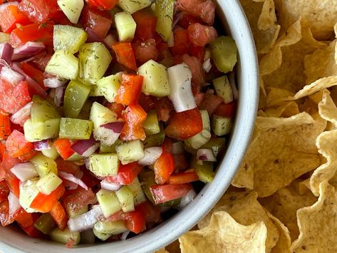 If you love pickles and you LOVE salsa...you will go CrAzY over this recipe. It's simple and easy to make and it's absolutely dELiciOuS! Pickle Salsa, Air Fryer Recipes Appetizers, Dill Pickle Recipe, Keto Appetizers, Griddle Cooking, Dump Meals, Eat Veggies, Onion Relish, Cold Appetizers