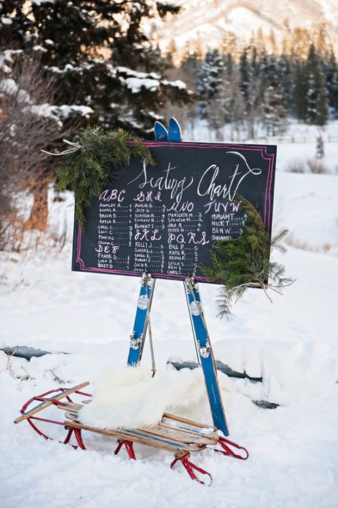 24 Cozy-Chic Ideas to Create the Après Ski Wedding of Your Dreams via Brit + Co Mask Draw, Unique Seating Chart Wedding, Ski Outfits For Women, Wedding Chalk, Ski Wedding, Winter Wedding Planning, Find Your Seat, Apres Ski Party, Winter Wedding Inspiration