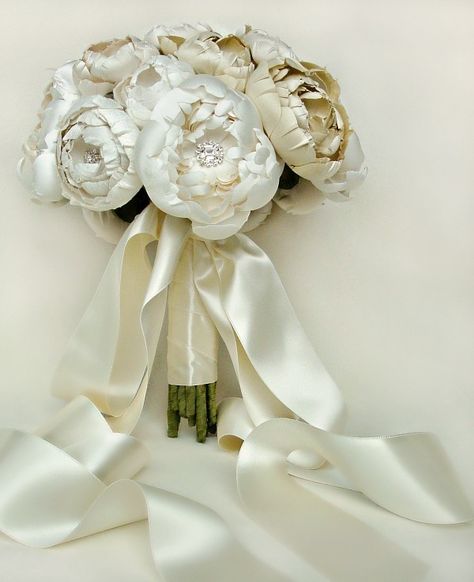 Image of Ivory, Off White and Cream Silk Catala and Peony Bridal Bouquet Fabric Bridal Bouquet, Peony Bridal Bouquet, Fabric Flower Bouquet, Jeweled Bouquet, Bridal Bouquet Peonies, Silk Bouquet, Silk Flower Bouquets, Beautiful Tiaras, Handsome Groom