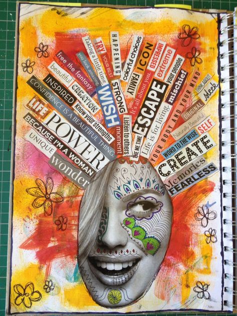 Simple Art Journal Pages, All In Your Head Art, Head Full Of Thoughts, Experiential Art, Face Collage, Creative Arts Therapy, Word Collage, Art Therapy Projects, Magazine Pages