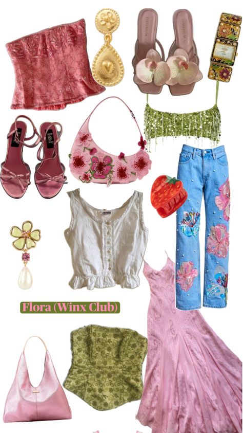 Flora (Winx Club) inspired outfit, Fairy core outfit, Flower fairy Flora Winx Style, Flora Winx Inspired Outfit, Flower Core Outfits, Enchanted Garden Outfit, Flora Inspired Outfits, Fairy Core Outfits Aesthetic, Wildflower Outfit, Fairy Party Outfit, Flora Winx Club Outfit