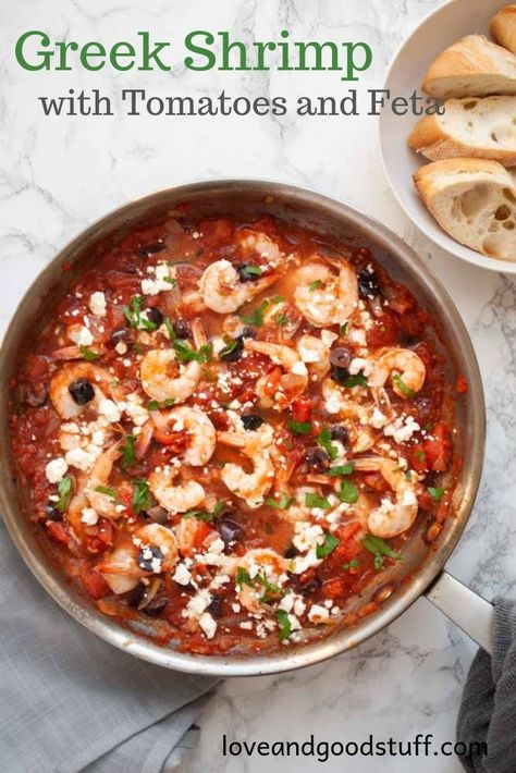 Shrimp With Tomatoes, Greek Shrimp, Tomatoes And Feta, Appetizers For A Crowd, Quick And Easy Appetizers, Seafood Appetizers, Shrimp Dishes, Gluten Free Eating, Kalamata Olives