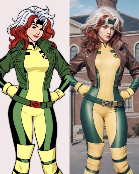 Rouge Xmen Costume, Rogue Hairstyle Xmen, Rouge Xmen Cosplay, Rouge Hair Xmen, Rogue Hairstyle, Rogue And Gambit Fan Art, Rouge Xmen Comic, Villain Hairstyles, Xmen Costume