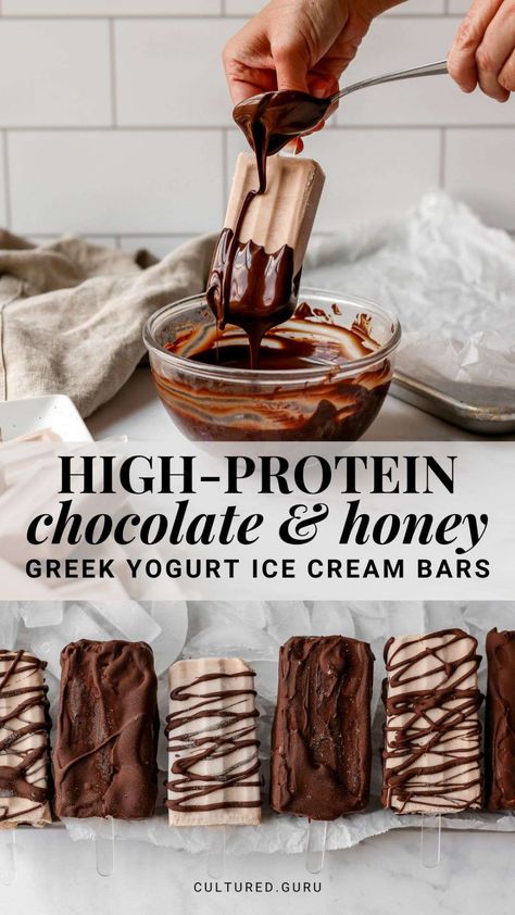 These chocolate and honey Greek yogurt ice cream bars are the perfect summer snack or dessert! They're made with high-protein, low-fat Greek yogurt, honey, and chocolate caramel LMNT electrolytes. Then, they're drizzled or dipped in rich dark chocolate. #yogurt #icecream #chocolate #popsicle #icecreambar Greek Yogurt Ice Cream Bars, Yasso Greek Yogurt Bars Copycat, Yogurt Ice Cream Bars, Holistic Desserts, Lmnt Electrolytes, Greek Yogurt Ice Cream, Greek Yogurt Popsicles, Protein Popsicles, Chocolate Popsicle