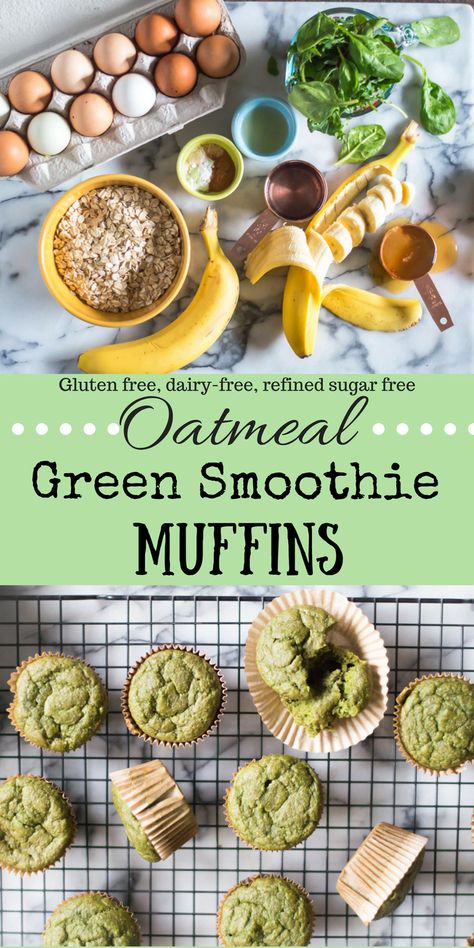 Oatmeal Green Smoothie Muffins Green Smoothie Muffins, Smoothie Muffins, Sugar Free Oatmeal, Spinach Muffins, Easy Oatmeal, Gluten Free Oatmeal, Healthy Muffin Recipes, Breakfast Healthy, Healthy Veggies