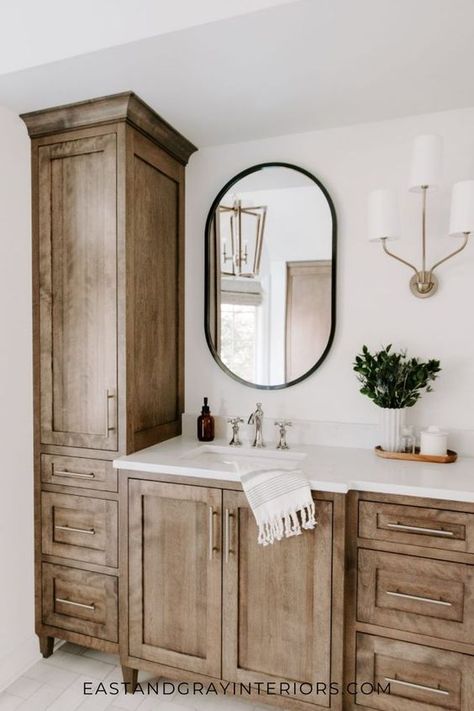 Natural Wood Vanity, Kid Friendly Home, Decorate House, Gray Interiors, Wood Bathroom Cabinets, Shaker Village, New House Bathroom, Bathroom Plans, Cabin Bathrooms