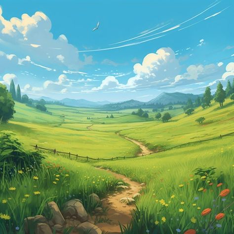 Plains Landscape Art, Painting Fields Landscapes, Grassy Field Drawing, Grassy Plains Concept Art, Farm Landscape Illustration, Fantasy Field Landscape, Fantasy Farmland Landscape, Grass Field Illustration, Farm Fields Landscapes