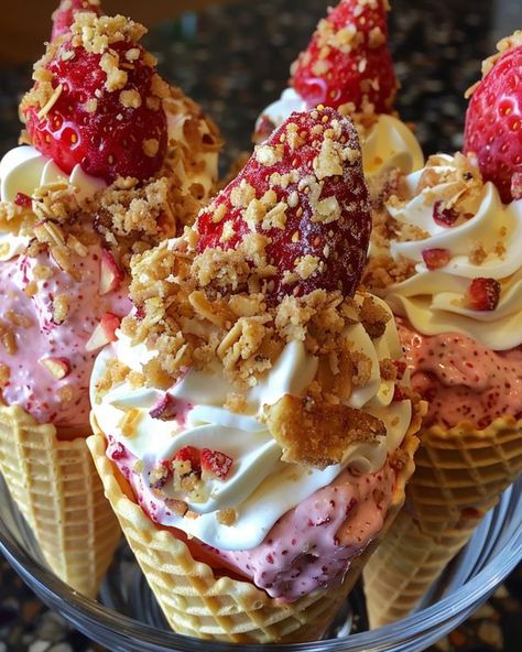 Strawberry Crunch Cheesecake Cones, Cheesecake Cones, Strawberry Crunch Cheesecake, Crunch Cheesecake, Strawberry Crunch, Waffle Cone, Waffle Cones, Fresh Strawberries, Cool Whip