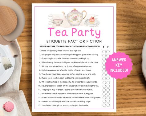 Tea Party Etiquette Trivia Answer key included A great game to make your tea party a hit! Whether you are hosting a tea party for friends, a birthday themed tea party, a tea party bridal shower, high tea, or anything in between, this game will be both fun and informative. Learn all about tea party etiquette and have fun doing it! Designed to work with small or large groups.  Instant download. No physical product will be shipped. You can download and access your order upon purchase.  2 sizes incl Bridal Shower Tea Party Games, Tea Party Games For Women, Tea Party Etiquette, Sweet 16 Tea Party, Bridal Shower High Tea, Tea Party Activities, Party Etiquette, Party Games Printable, Tea Party Games