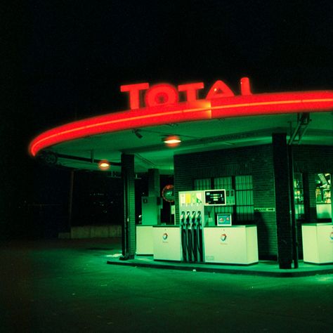 gas station night dresden vibes Gas Station Cinematic, Neon Gas, 120 Film, Fire Extinguisher, Grunge Photography, Dream City, Cinematic Photography, Gas Station, Fallen Angel