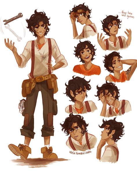 Leo Valdez, it's quite funny, in a lot of fanart Leo wears this super cool outfit Aphrodite has given to him. He only wore it once(Well, i thought it was once, because he didn't really loved his clothes), but still it's just his outfit Hazel Levesque, Team Leo, Character Design Cartoon, Dibujos Percy Jackson, Výtvarné Reference, Different Poses, Percy Jackson Fan Art, Percy Jackson Characters, Leo Valdez