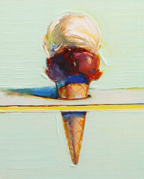 Two Flavours (Ice Cream Cone) (2003) Oil on wooden board Wayne Thiebaud Cakes, Pop Art Party, Ice Cream Art, Wayne Thiebaud, Pop Art Movement, Beautiful Oil Paintings, Art Walk, An Ice Cream, Beginner Painting