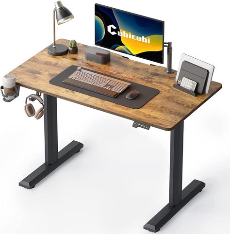 Electric Stand up Height Adjustable Home Office Table, Sit Stand Desk with Splice Board, Black Frame & Rustic Brown Top. Electric Height Adjustable: The desk has 2 preset buttons to customize your desired heights from 72 cm to 117 cm, 2 button supports height memory and one reset button. Desktop Workspace, Stand Up Table, Standing Desk Height, Electric Desk, Home Office Table, Electric Standing Desk, Computer Workstation, Adjustable Height Standing Desk, Stand Up Desk