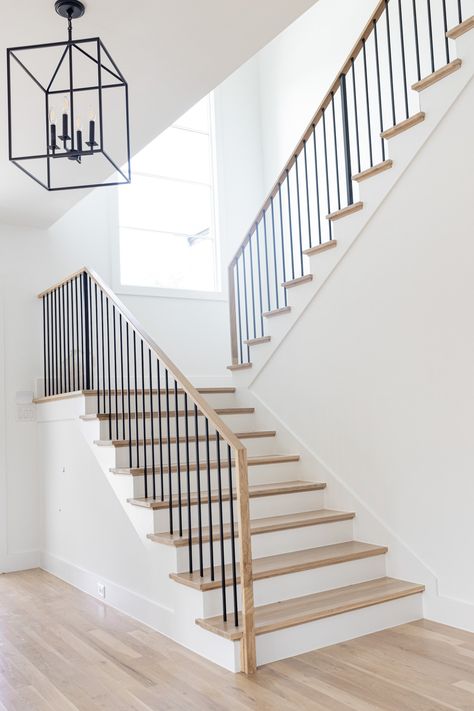 Kitchen Black Island, Rh Restoration Hardware, Acrylic Hardware, Entryway Stairs, White Staircase, Staircase Railing Design, Black Island, Stairs Design Interior, House Staircase