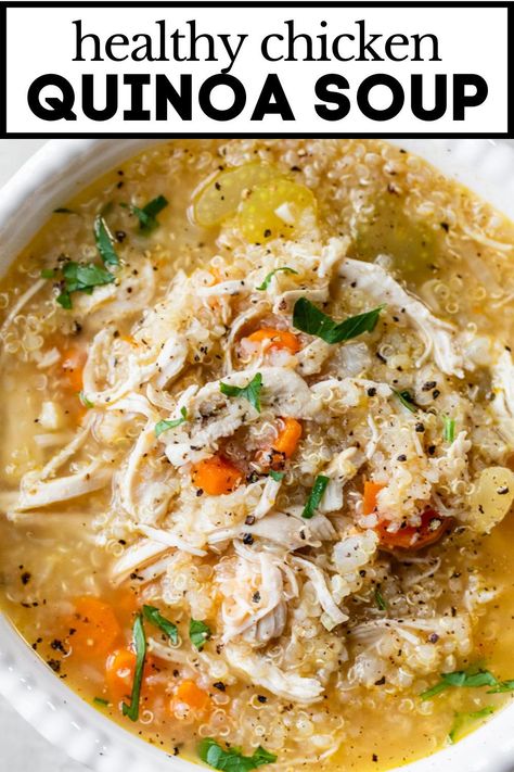 A healthy spin on classic chicken noodle, this Chicken Quinoa Soup is packed with protein, simple ingredients, and cozy flavors. It’s ready to eat in 30 minutes and is easy to make in just one pot! #chickensoup #quinoa #glutenfree Lemon Quinoa Soup, Quinoa Chicken Instant Pot, Chicken Quinoa Soup Crockpot, Easy Meals Healthy Clean Eating, Chicken Quinoa Soup Recipes, Chicken Soup Quinoa, Quinoa And Chicken Recipes Easy, Chicken Soup With Kale And Carrots, Quinoa Meals Healthy