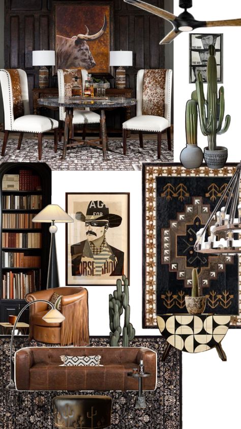 Moodboard, cowboy, aesthetics, design, interior Cowboy Living Room, Southwestern Interior Design, Southwestern Interior, Western Living Room, Western Aesthetic, Interior Design Mood Board, Mood Board Design, Home N Decor, Interior Inspo