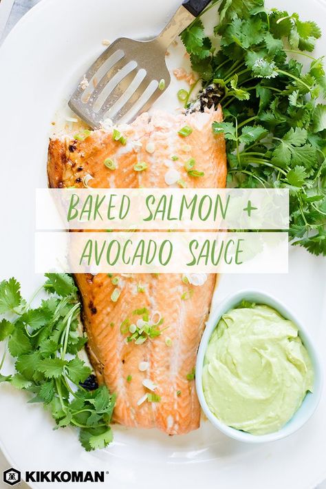 Baked Salmon with Avocado Sauce | With 10 ingredients, serve up perfectly baked salmon with a dollop of homemade avocado sauce. Glaze the salmon with a mixture of brown sugar, butter, Kikkoman® Ponzu Lime, and a touch of lime juice. Make the creamy sauce in the blender. (Pro tip: the sauce would also be incredible with soba noodles for a healthy noodle bowl.) Visit KikkomanUSA.com for a whole collection of amazing family recipes. Find this and more salmon ideas all in one place! #Kikkoman Salmon With Avocado Sauce, Avocado Sauce For Salmon, Salmon Ideas, Avocado Sauce Recipe, Kikkoman Recipes, Salmon With Avocado, Healthy Noodles, Brown Sugar Butter, Sauce For Salmon