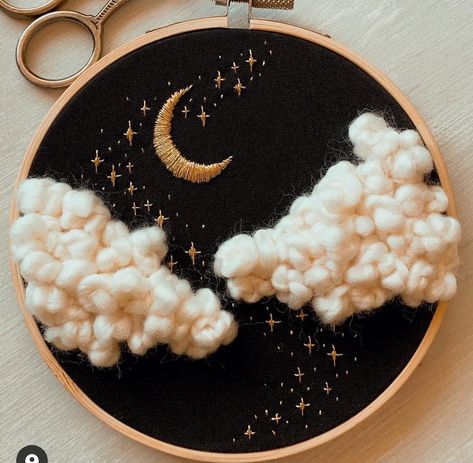 Moon Embroidery Ideas, Embroidery Clouds Ideas, Moon Embroidery Pattern Free, Embroidery Clouds, Simple Moon Embroidery, Embroidery Stars And Moon, Moon Star Embroidery, Embroidery Night Sky, Moon Embroidery Pattern