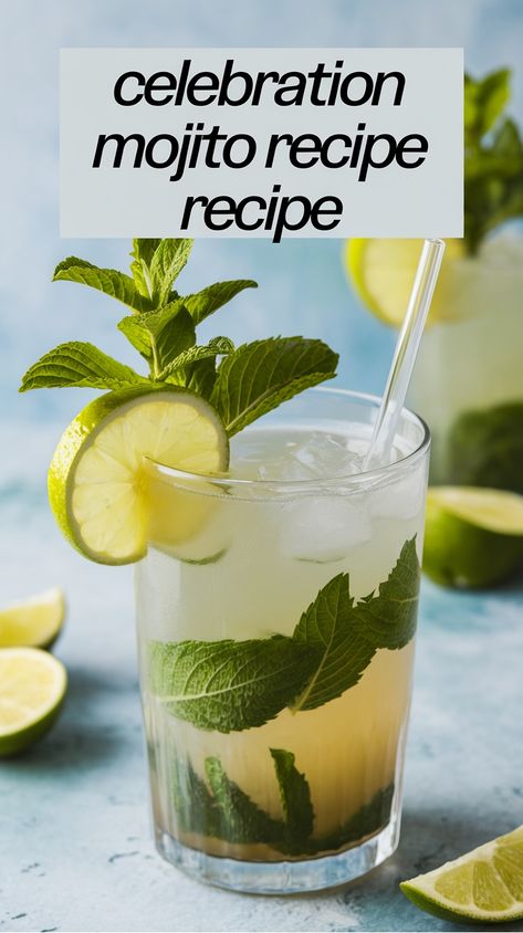 Mojito cocktail with lime and mint leaves in a glass with a straw, text overlay "celebration mojito recipe". Mojito Pitcher, Best Mojito Recipe, Mojito Recipe Classic, Mojito Drink, Classic Mojito, Popular Cocktails, Mojito Cocktail, Mojito Recipe, New Year's Eve Recipes