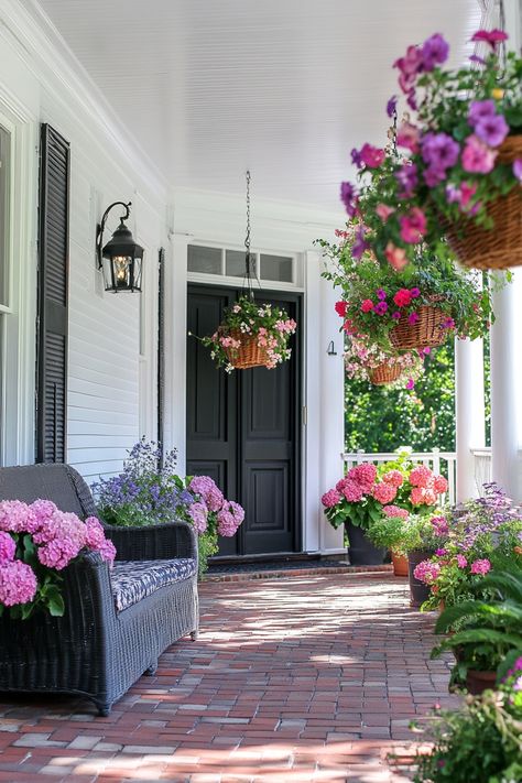 How to Make Your Front Porch Pop with These 18 Flower Pot Ideas 6 Red Geraniums In Pots Front Porches, Front Porch Flower Ideas, Front Porch Flower Pot Ideas, Porch Flower Pot Ideas, Galvanized Bucket Planters, Front Porch Flower Pots, Teal Door, Small Flowering Plants, Front Porch Flowers