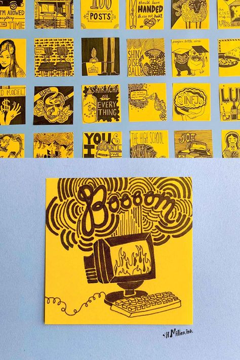 Original art by Heather Miller. Art School Illustration, Sticky Note Art Doodles, Sticky Note Art, Learning Illustration, Post It Art, Illustration Challenge, School Illustration, Book And Magazine Design, Day Illustration