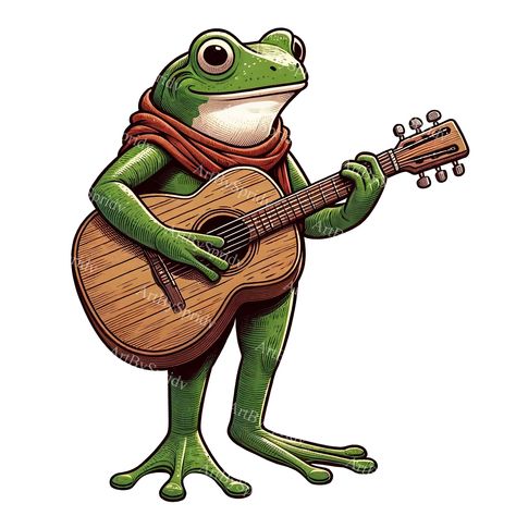 Frog Playing Guitar Drawing, Animals Playing Music, Frog Character Design, Frog People, Frog Guitar, Frog Standing, Frog Playing Guitar, Cartoon Frogs, Guitar Cartoon